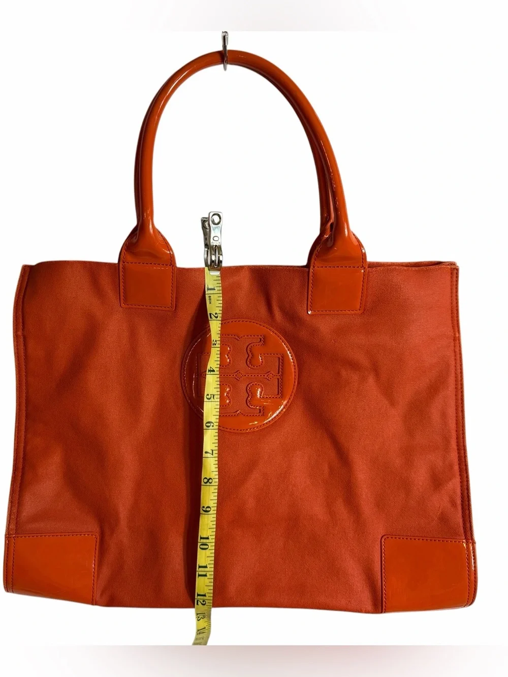 Tory Burch Orange Canvas Tote Patent Leather Trim Embossed Logo Bag